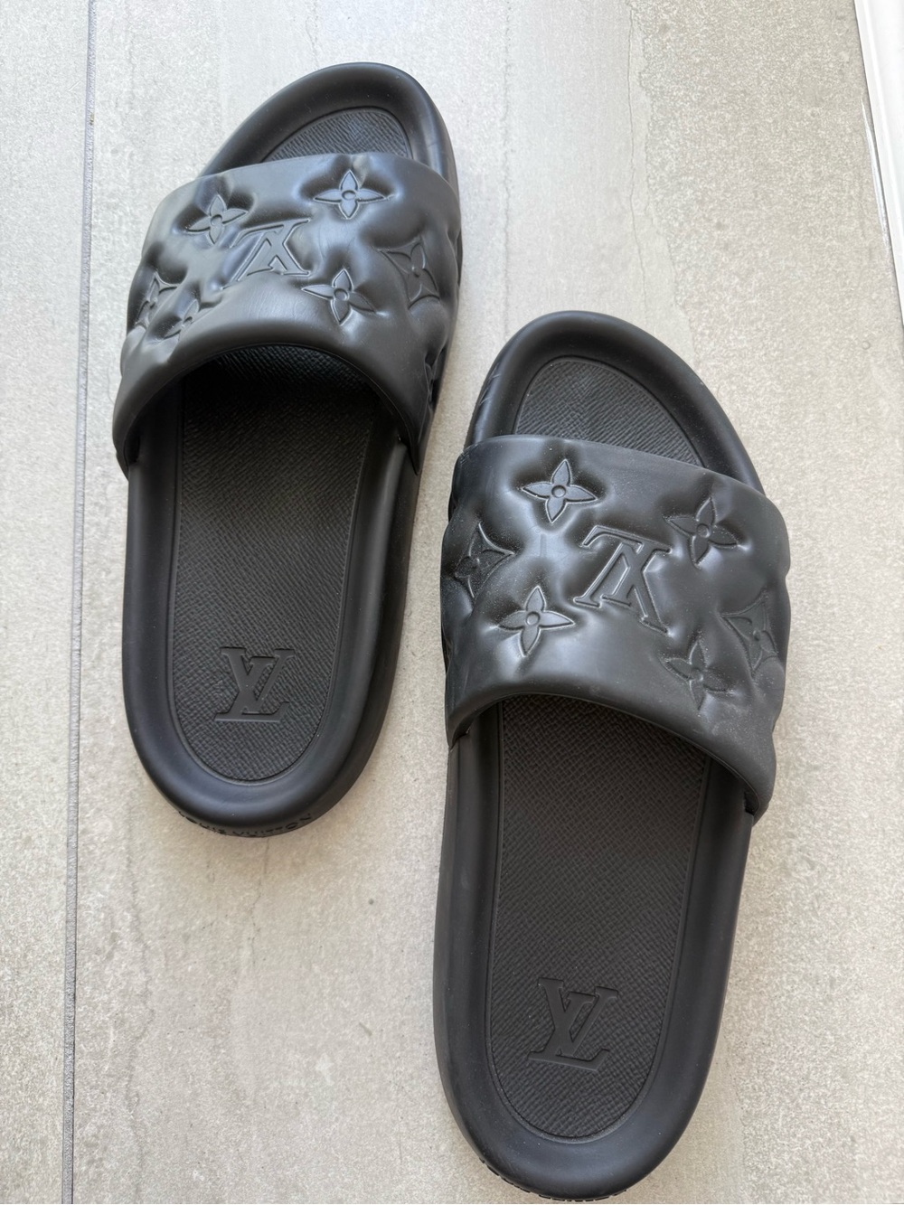 Louis Vuitton Men’s Black Embossed Monogram Slide Sandals